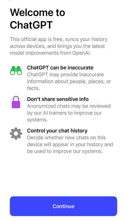 ChatGPT公式アプリ使用前の注意事項説明画面