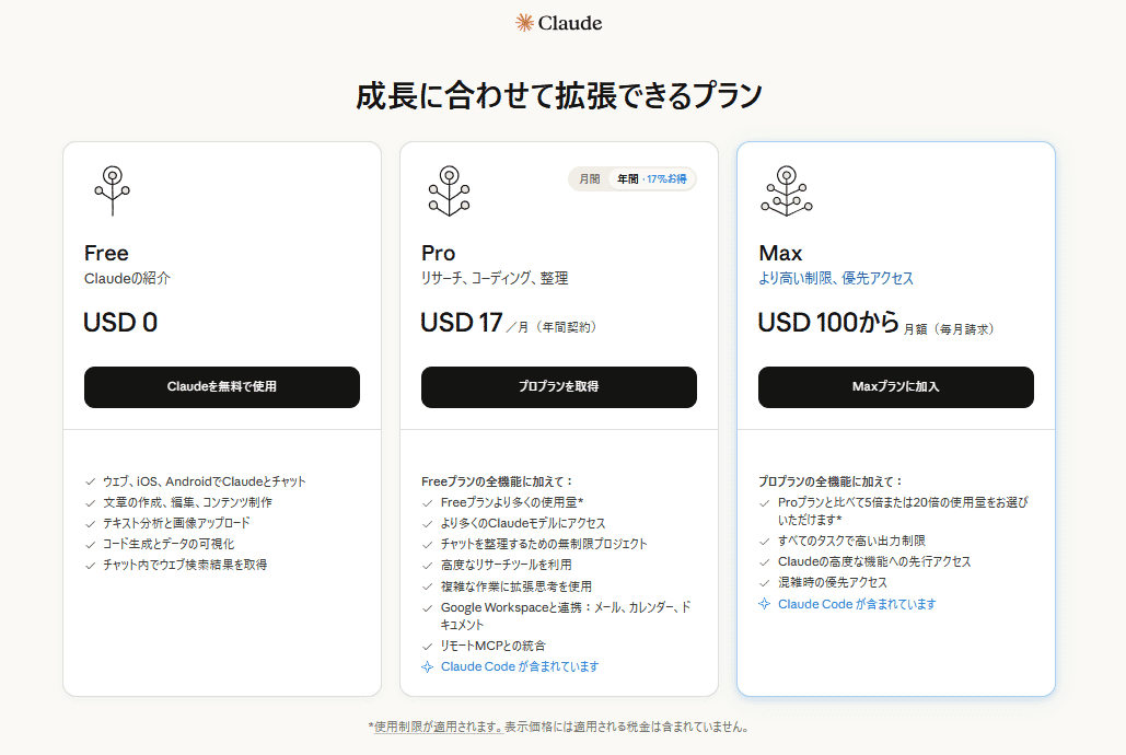 Claudeの料金プランの選択画面